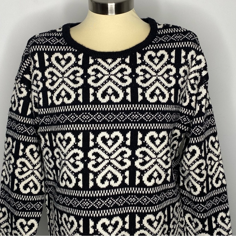 J. Jill Black and White Fair Isle Hearts Wool Blend Sweater